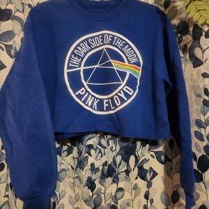 Pink Floyd Dark Side of the Moon Cropped Sweatshirt Blue Graphic Raw Hem‎ Small